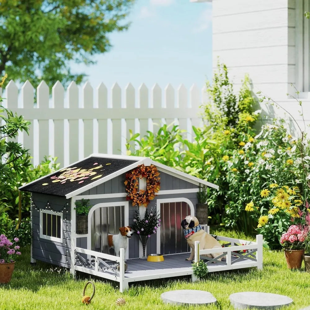 Dog House Outdoor Wooden Dog Kennel with Porch and Roof
