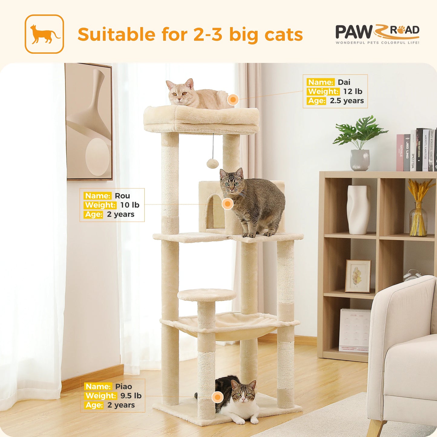 Cat Tree for Indoor Cats 5-Level Tower with Large Hammock