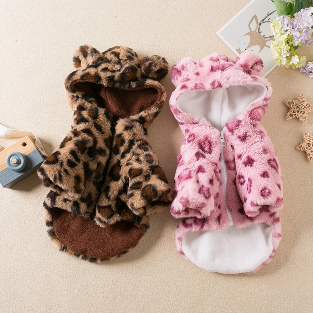 Winter Pet Dog Clothes Warm Fleece Leopard Hoodie Jacket