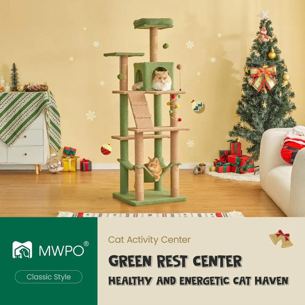 MWPO 63.8 Inches Green Cat Tree for Indoor Cats Multi-Level