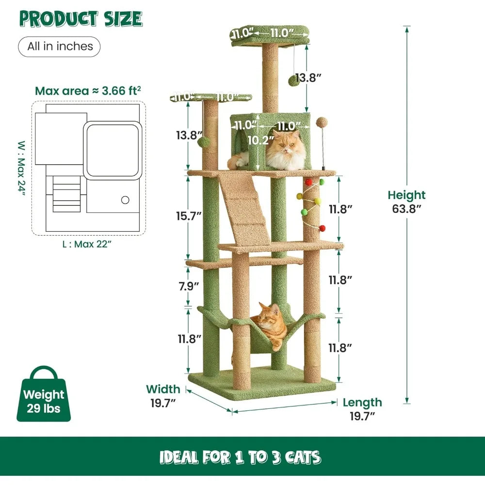 MWPO 63.8 Inches Green Cat Tree for Indoor Cats Multi-Level