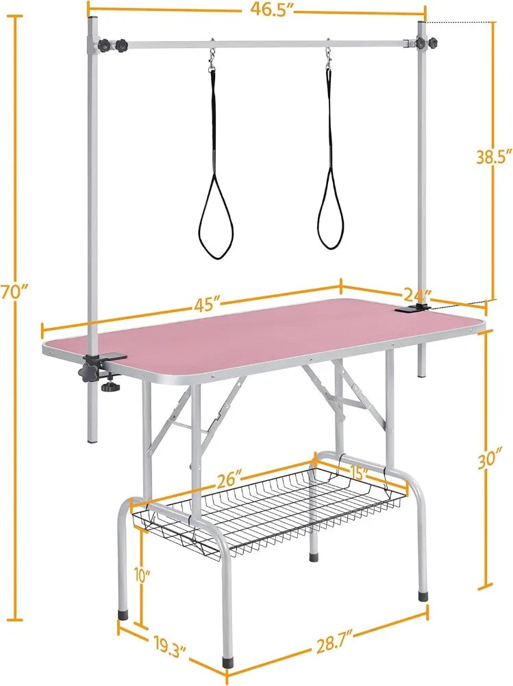 45 Inch Foldable Dog Grooming Table Pink with Adjustable Arm