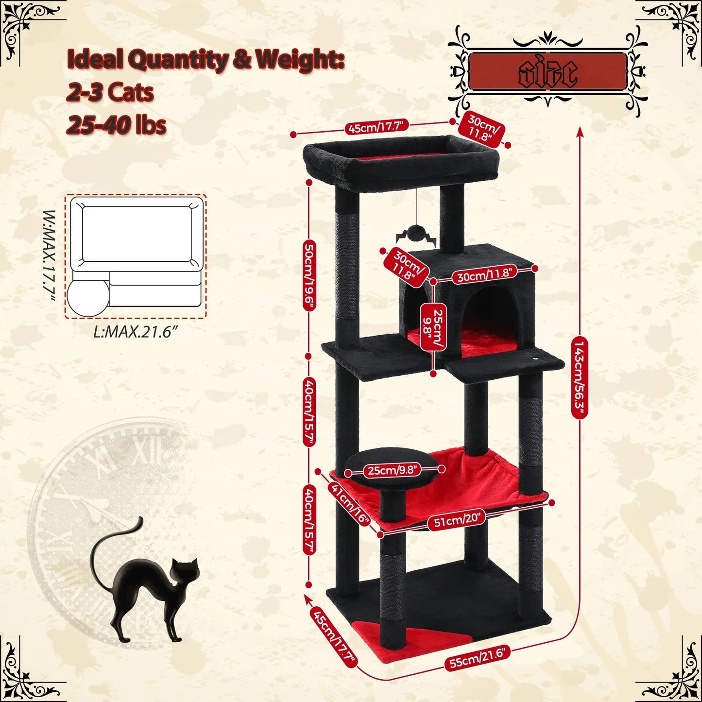 Gothic Cat Tree for Indoor Cats Tall Cat Tower with Hammock