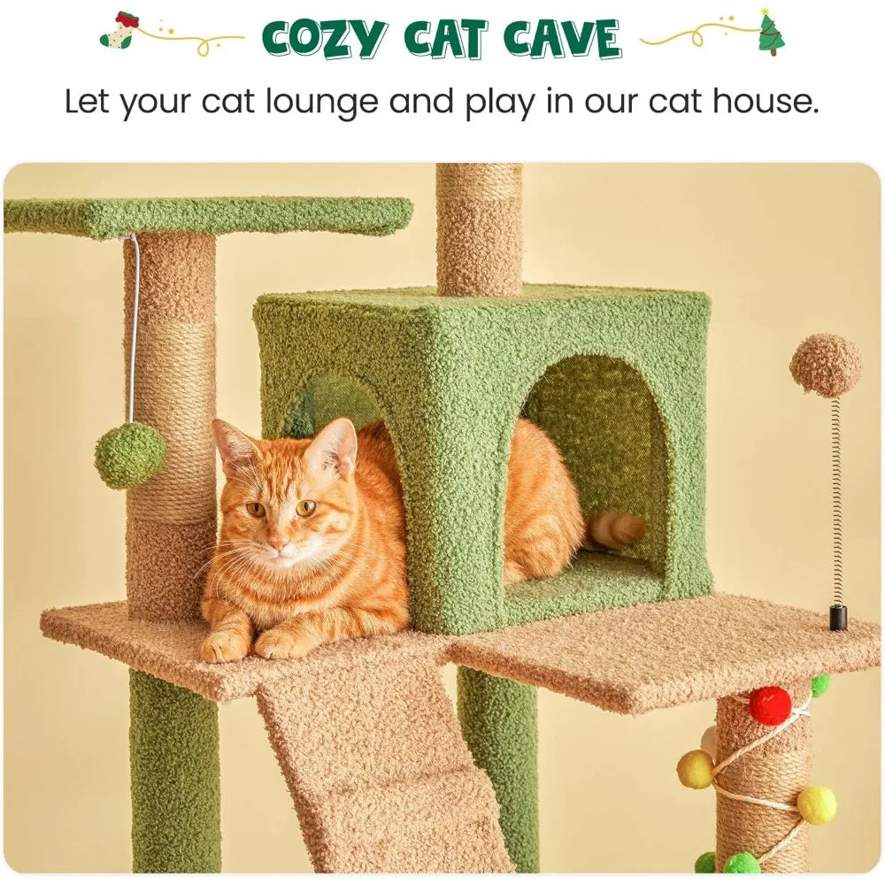 MWPO 63.8 Inches Green Cat Tree for Indoor Cats Multi-Level