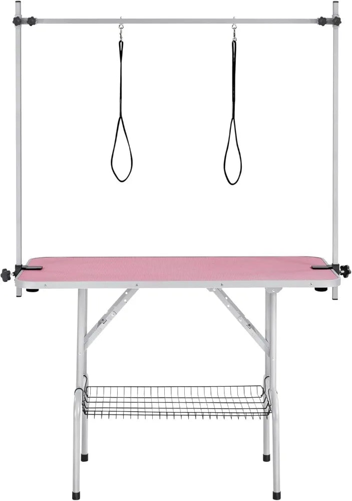 45 Inch Foldable Dog Grooming Table Pink with Adjustable Arm