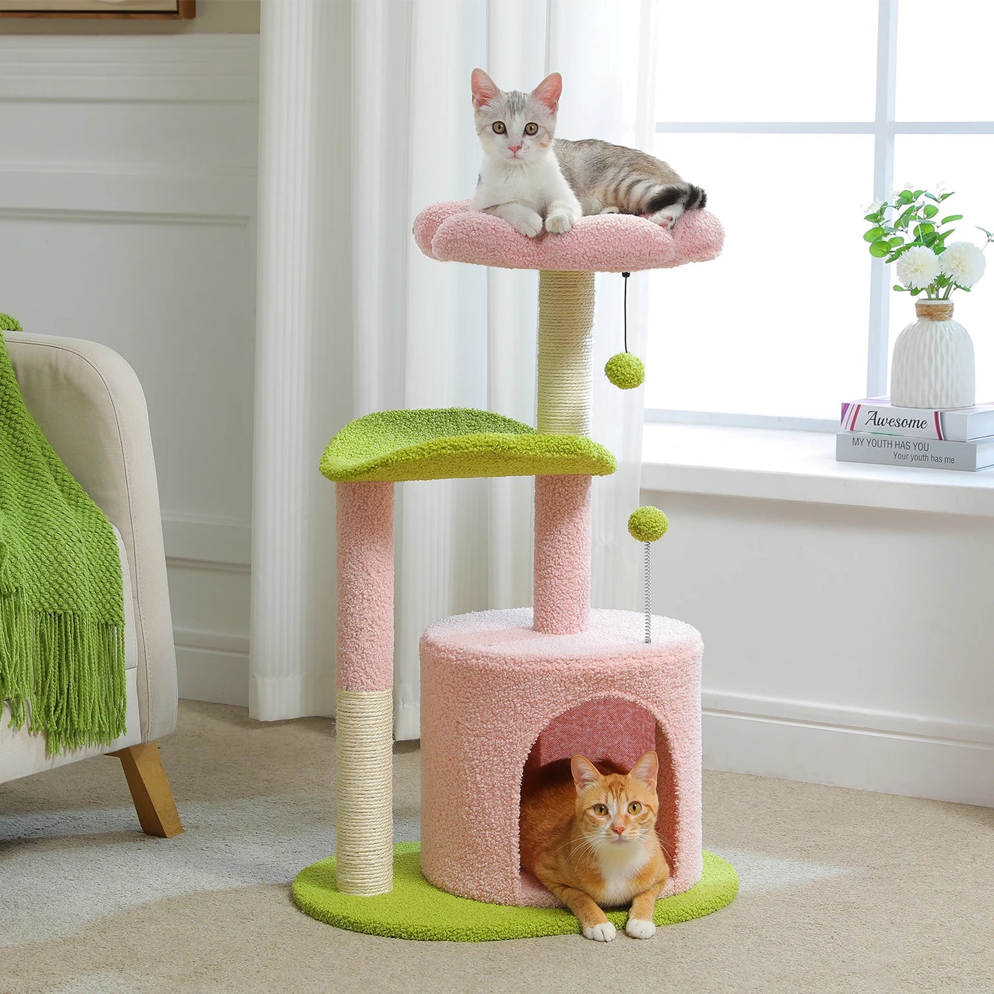 Flower Cat Tree for Indoor Cats with Soft Condo and Toys