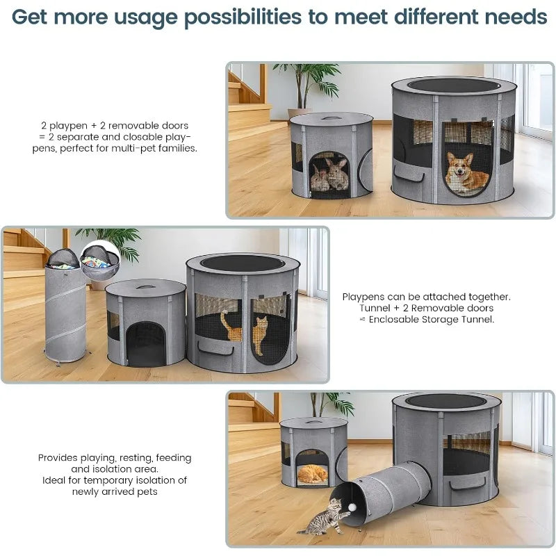 Portable Cat Playpen with Tunnel, 3 in 1 Pet Tent