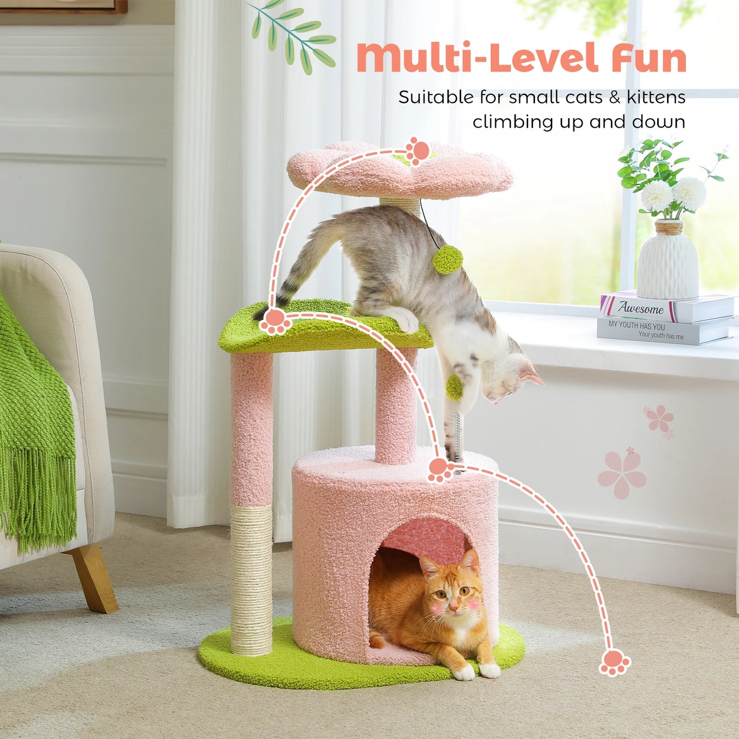 Flower Cat Tree for Indoor Cats with Soft Condo and Toys