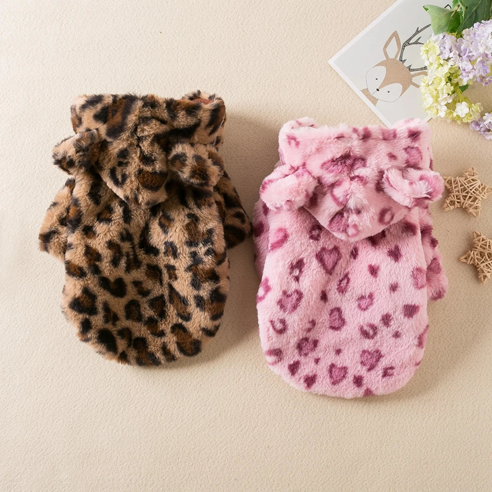Winter Pet Dog Clothes Warm Fleece Leopard Hoodie Jacket