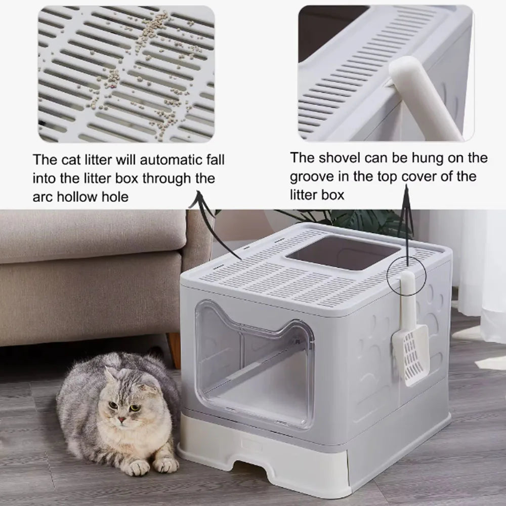 Convenient Foldable Litter Box with Drawer Design and Scooper