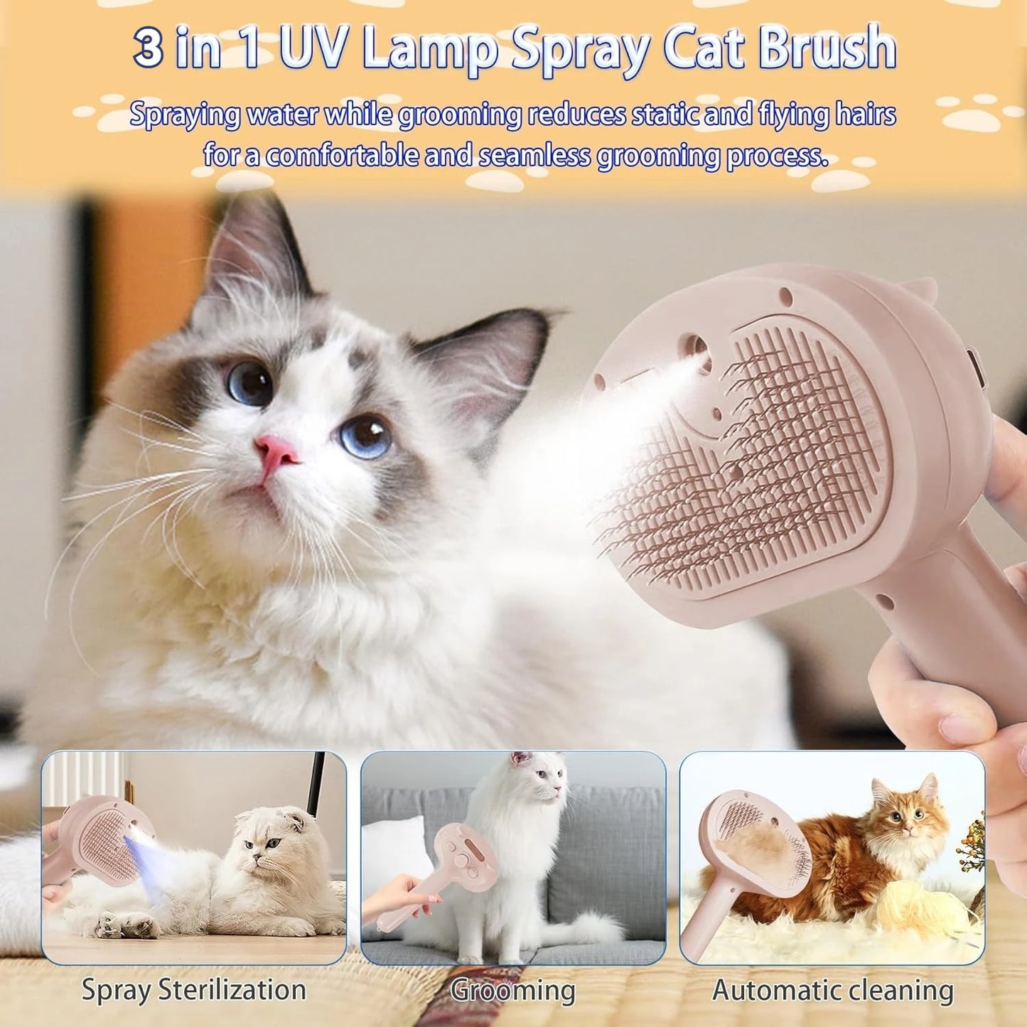 Steam Cat Brush Pet Hair Cleaning Misting Comb for Cats
