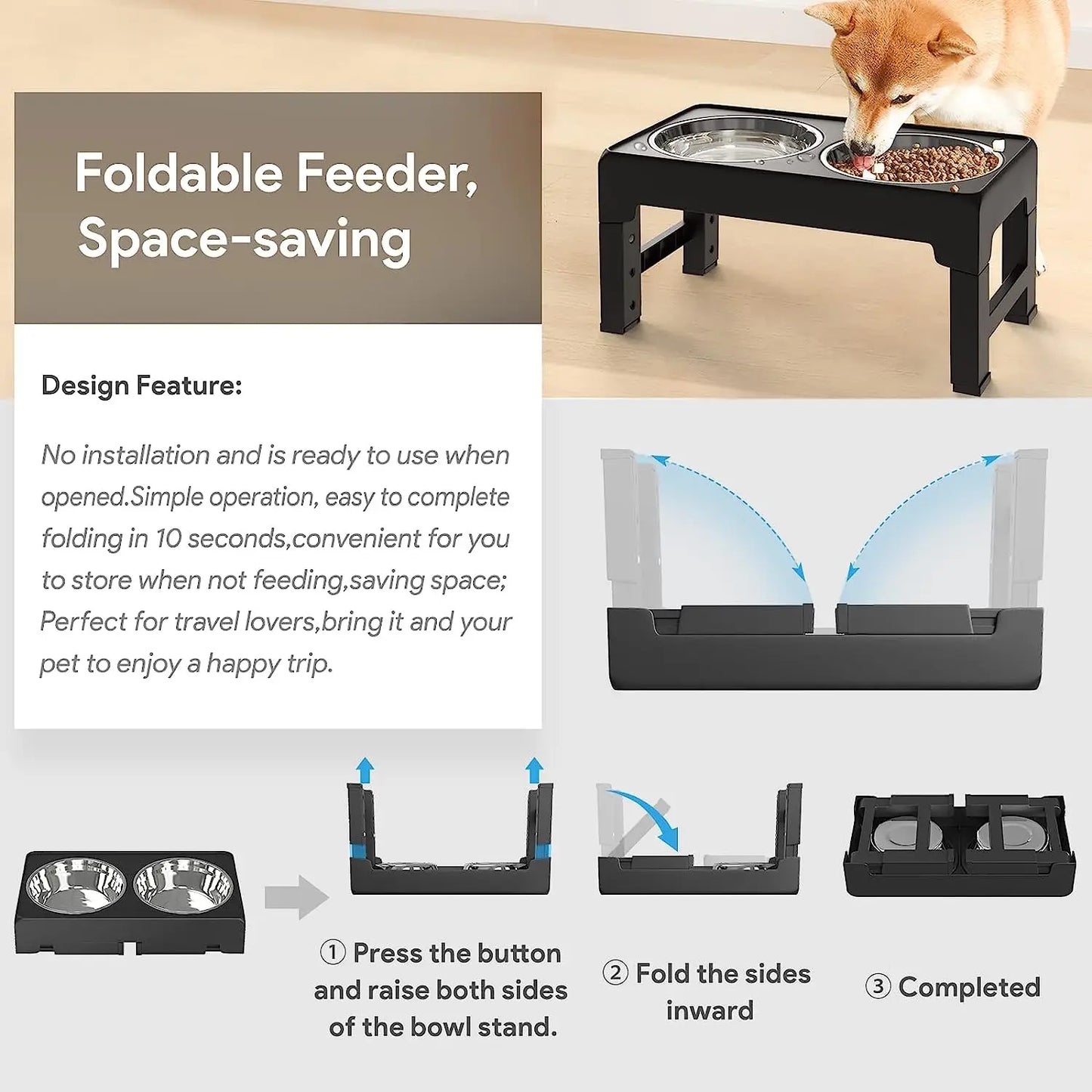 Multi Heights Folding Feeder, Raised Dog & Cat Bowls