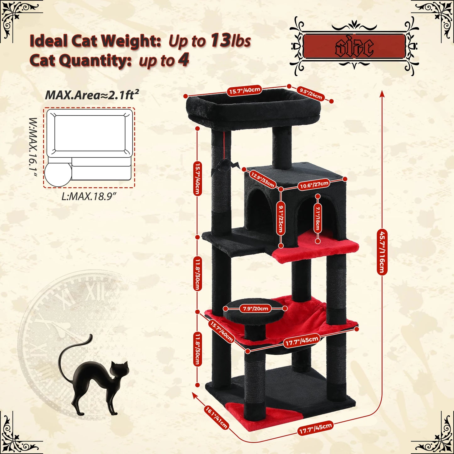 Gothic Cat Tree for Indoor Cats Tall Cat Tower with Hammock