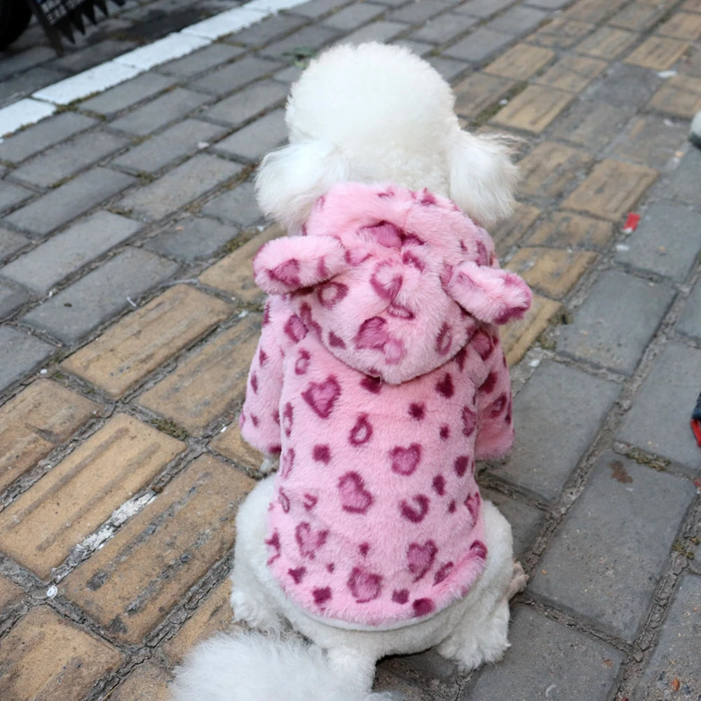 Winter Pet Dog Clothes Warm Fleece Leopard Hoodie Jacket
