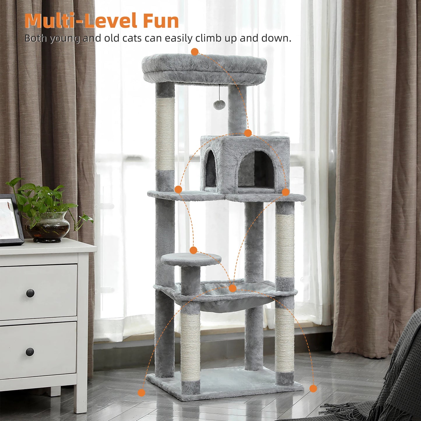 Cat Tree for Indoor Cats 5-Level Tower with Large Hammock