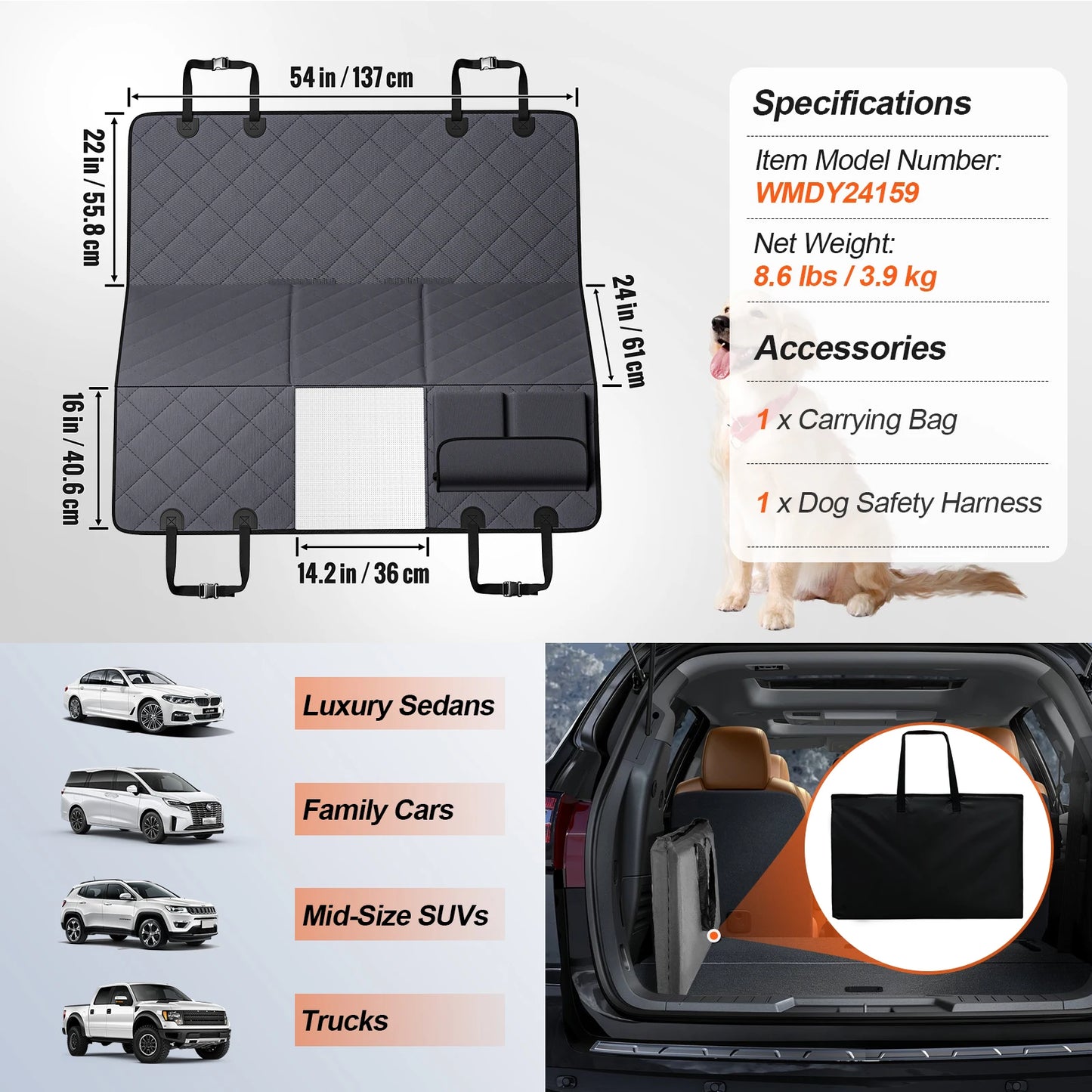 VEVOR Back Seat Extender for Dogs Dog Hammock for Car