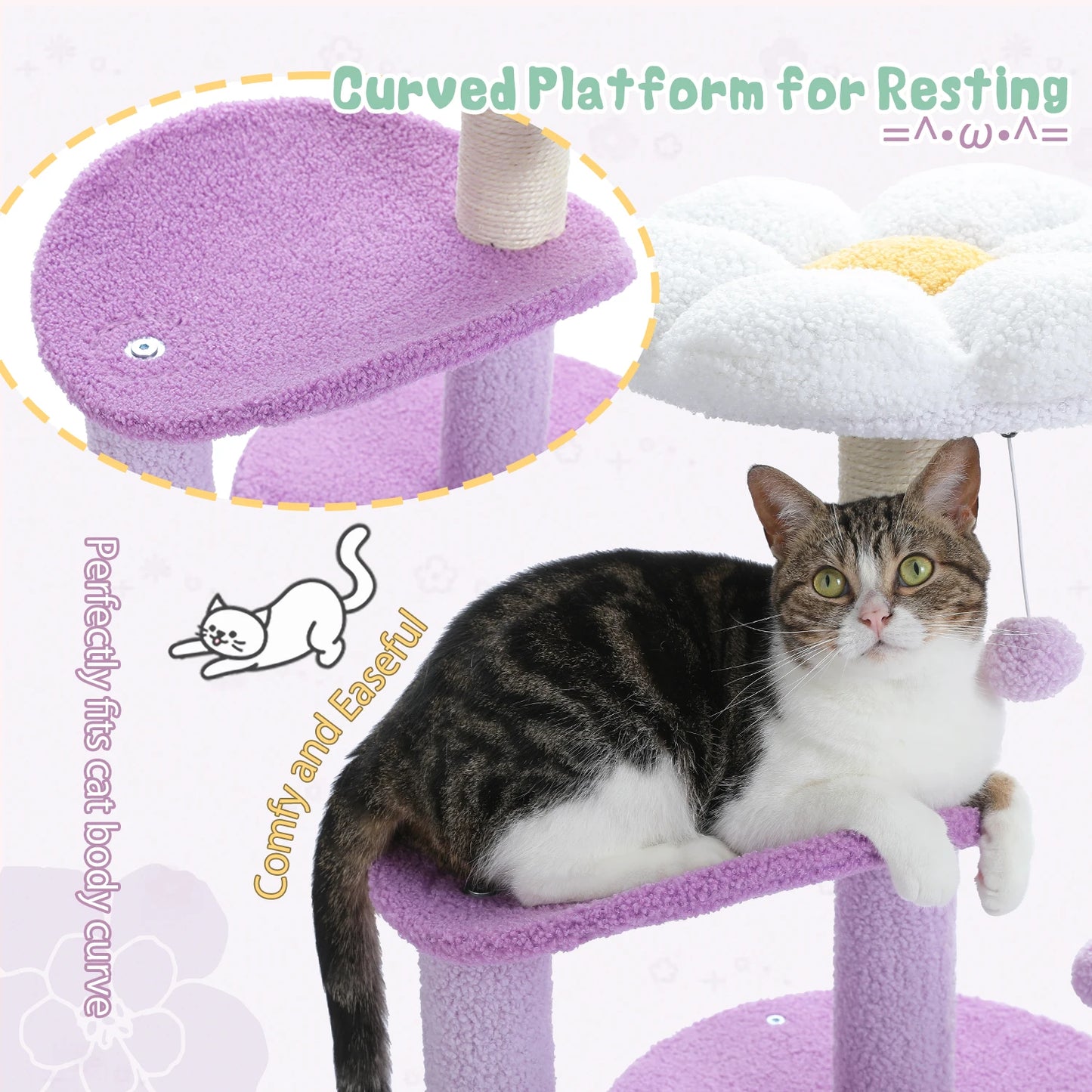 Flower Cat Tree for Indoor Cats with Soft Condo and Toys