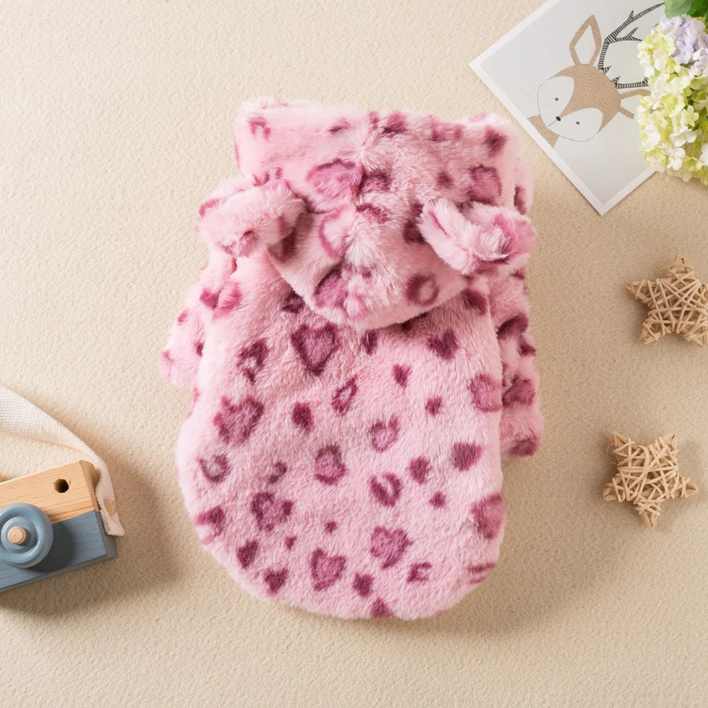 Winter Pet Dog Clothes Warm Fleece Leopard Hoodie Jacket