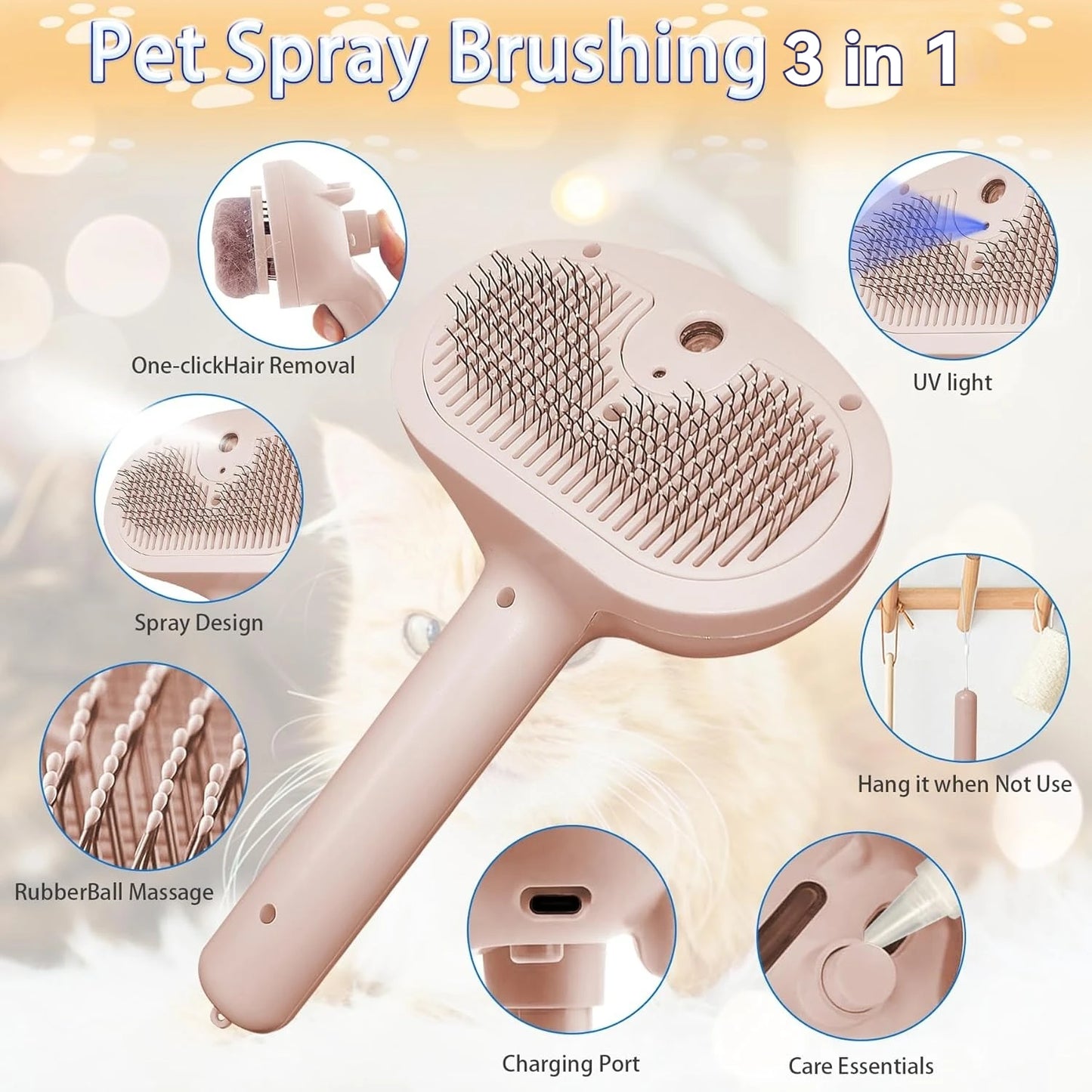 Steam Cat Brush Pet Hair Cleaning Misting Comb for Cats