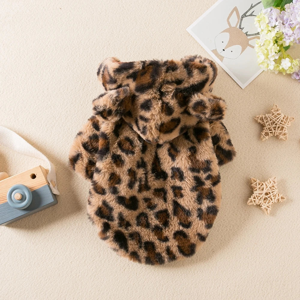 Winter Pet Dog Clothes Warm Fleece Leopard Hoodie Jacket