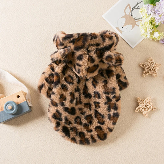 Winter Pet Dog Clothes Warm Fleece Leopard Hoodie Jacket