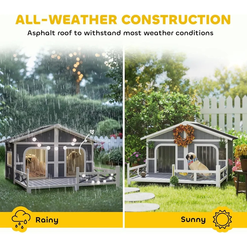 Dog House Outdoor Wooden Dog Kennel with Porch and Roof