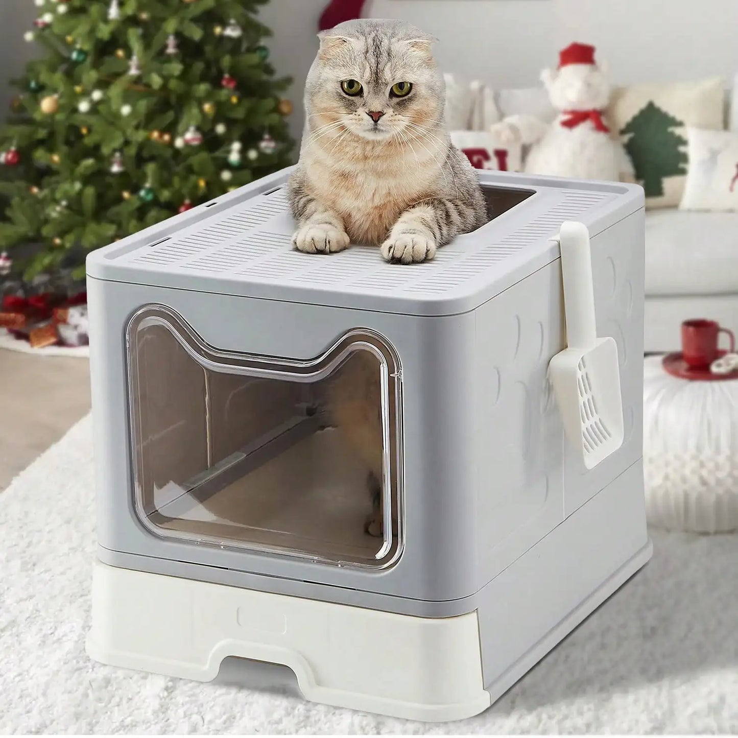 Convenient Foldable Litter Box with Drawer Design and Scooper
