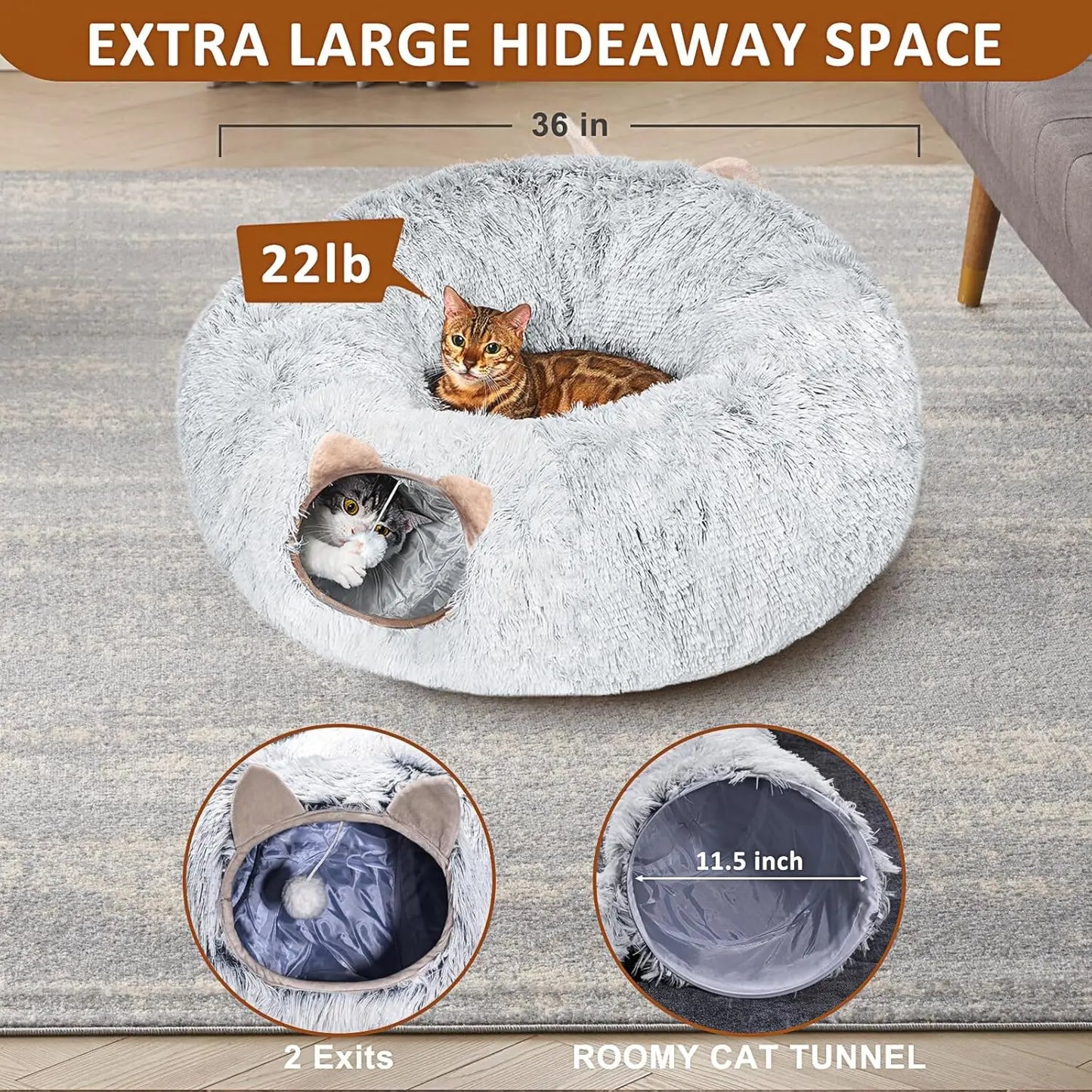 Cat Tunnel With Bed For Indoor Cats Soft Plush Toys